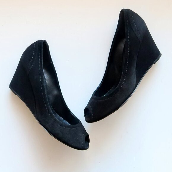 J. Crew Black Suede Leather Peep Toe Wedge Heel Sandals / Dress Shoes Size 8 - Picture 2 of 15